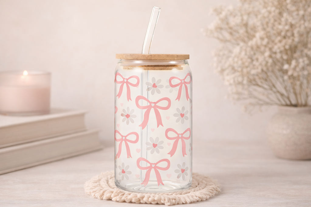 🎀 Pink Bow & Daisy Libbey Glass Can Cup (16 oz)