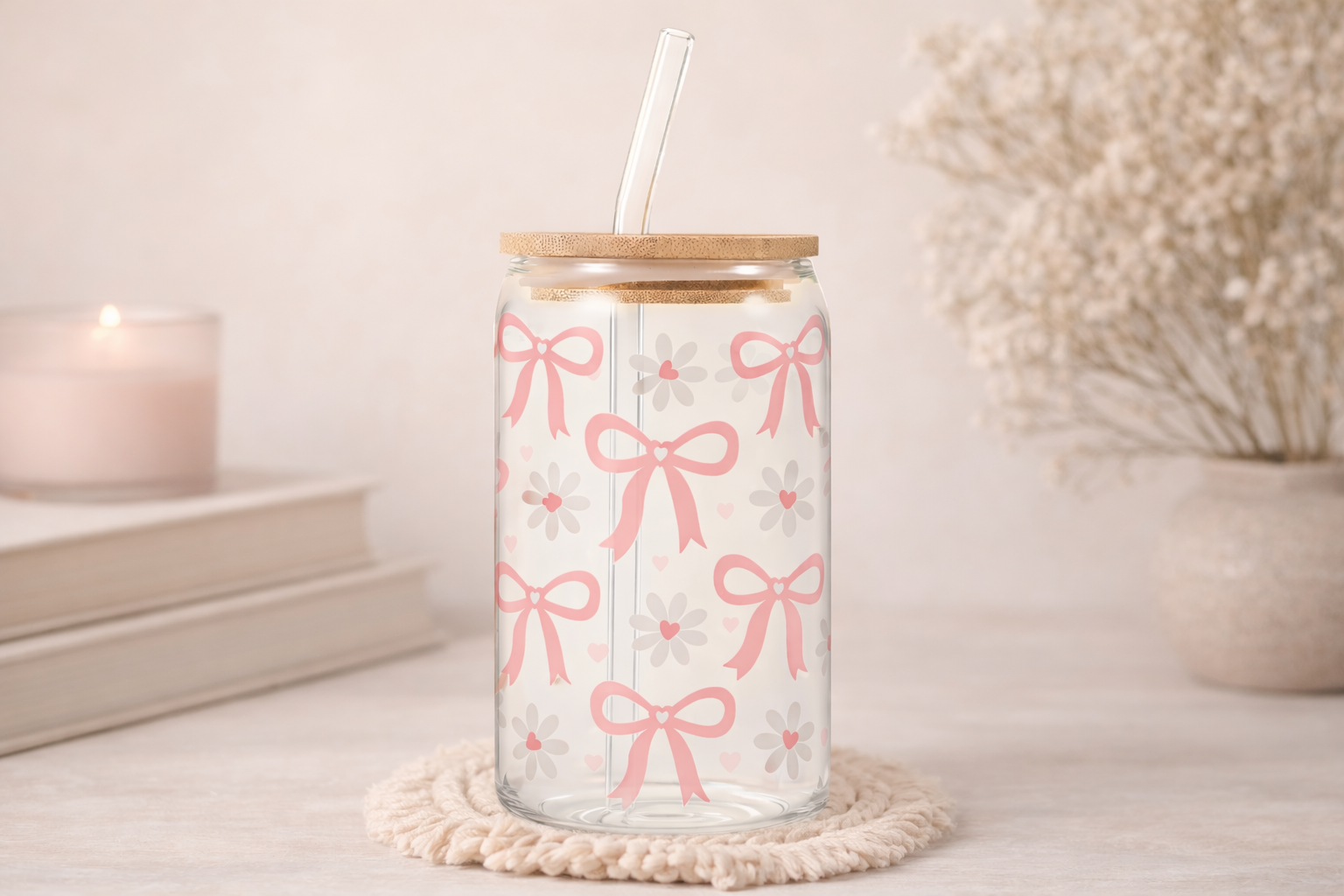 🎀 Pink Bow & Daisy Libbey Glass Can Cup (16 oz)