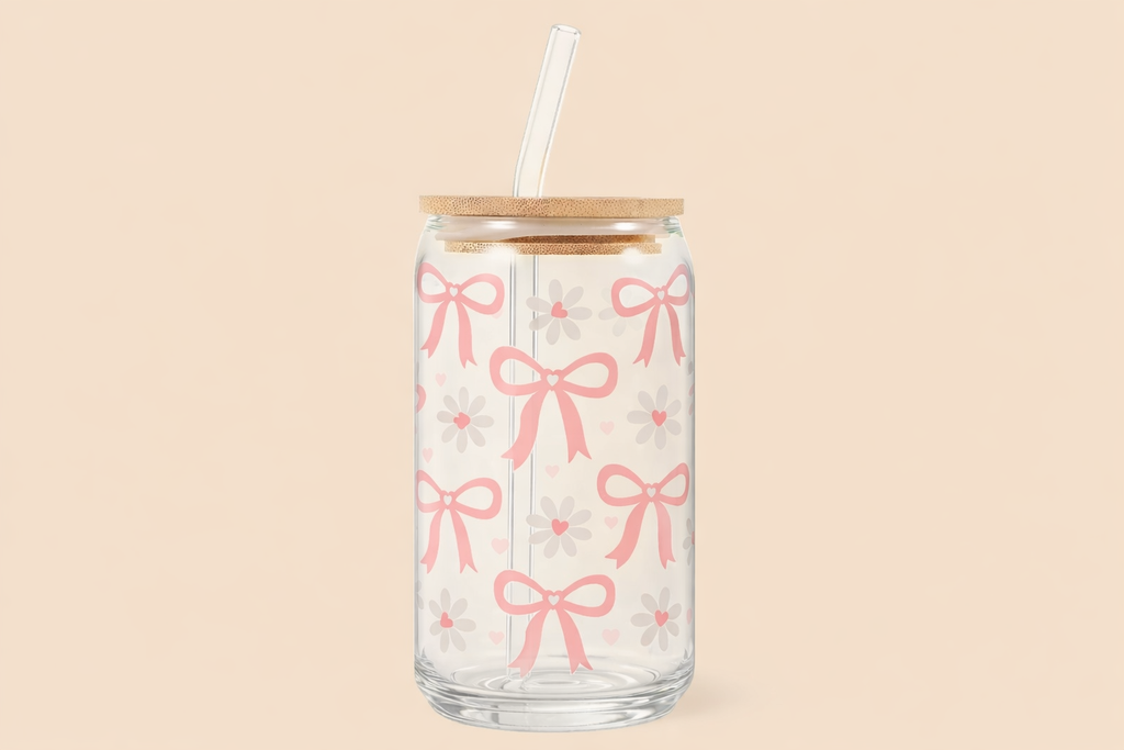 🎀 Pink Bow & Daisy Libbey Glass Can Cup (16 oz)
