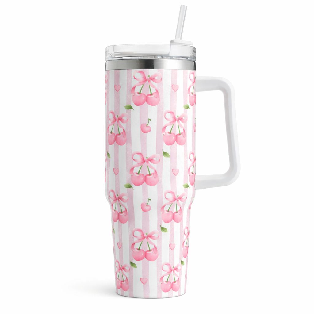 🍒 Pink Cherry Bow 40oz Handled Tumbler