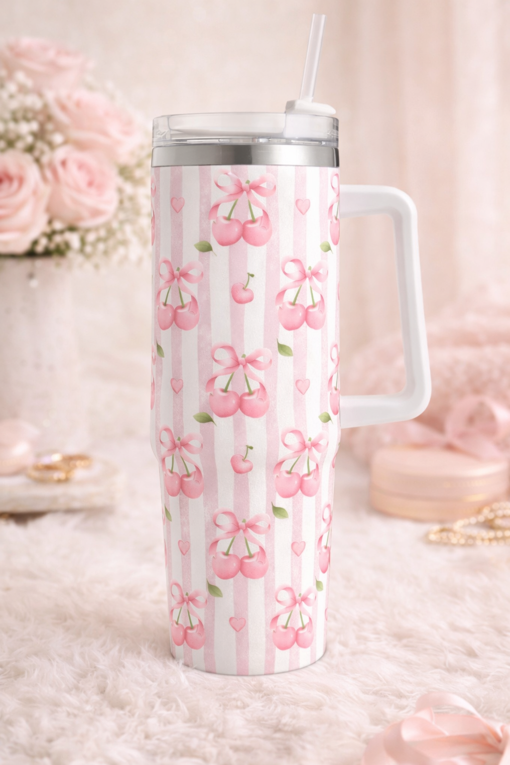 🍒 Pink Cherry Bow 40oz Handled Tumbler