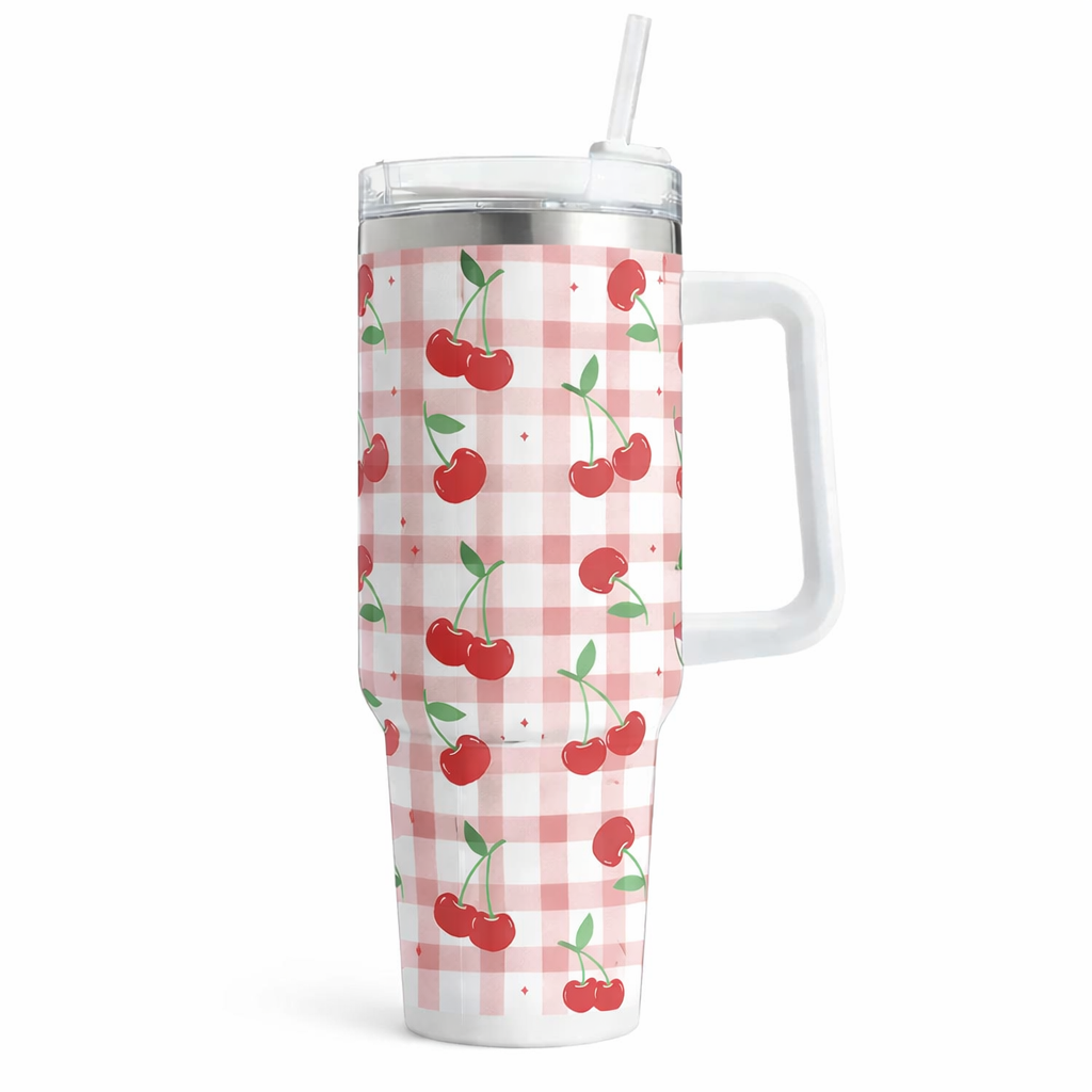 Cherry Gingham 40oz Tumbler with Handle 🍒