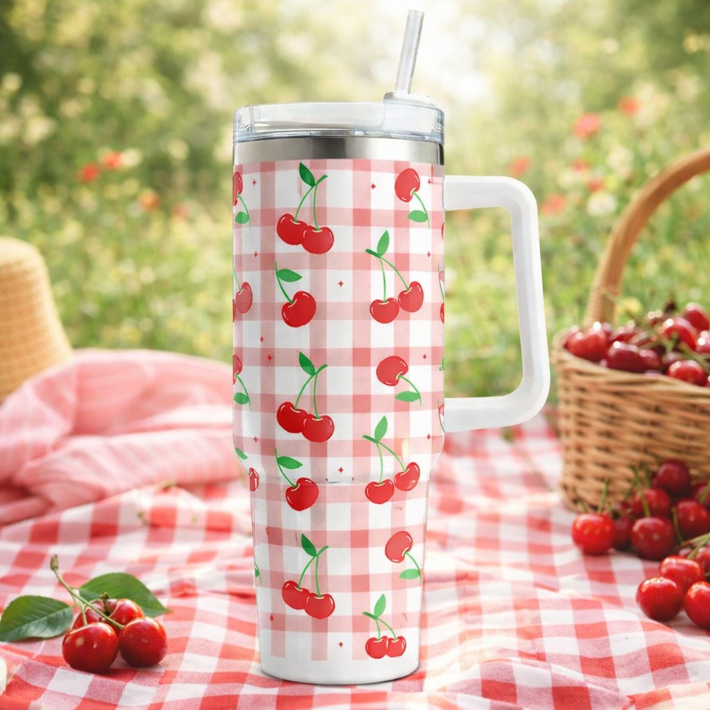 Cherry Gingham 40oz Tumbler with Handle 🍒